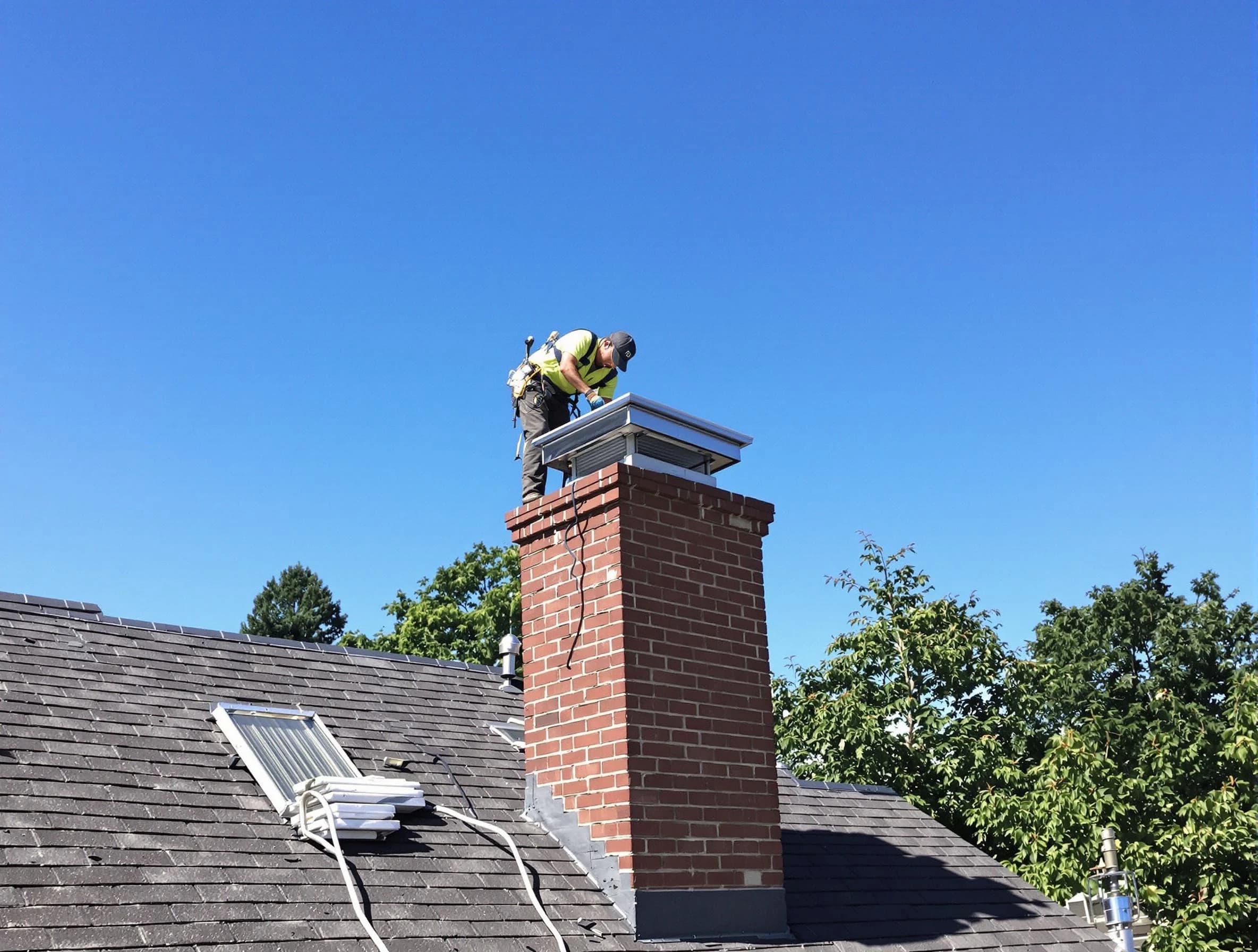 Brandermill Chimney Sweep technician measuring a chimney cap in Brandermill, VA