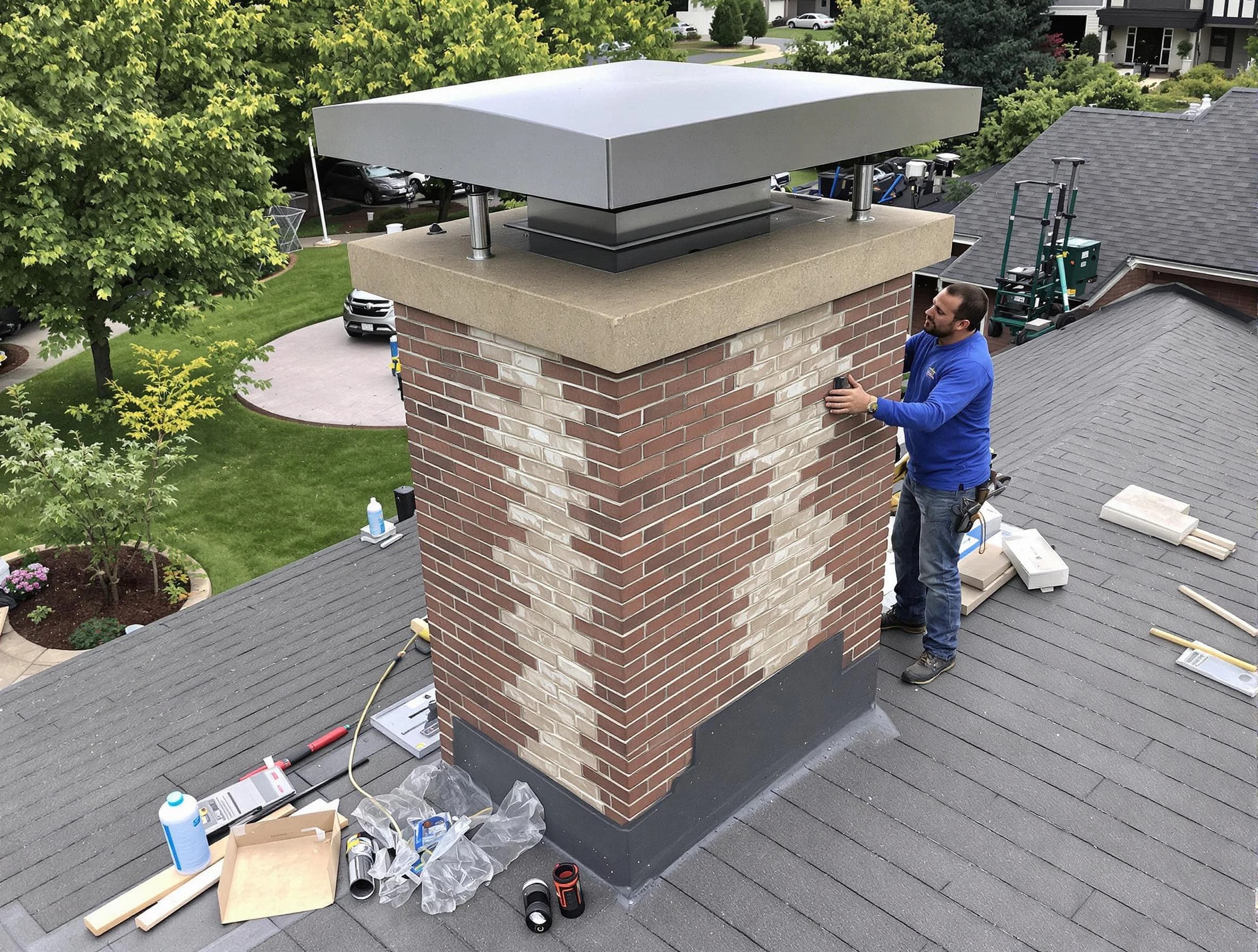 Brandermill Chimney Sweep team working on a custom chimney remodel in Brandermill, VA
