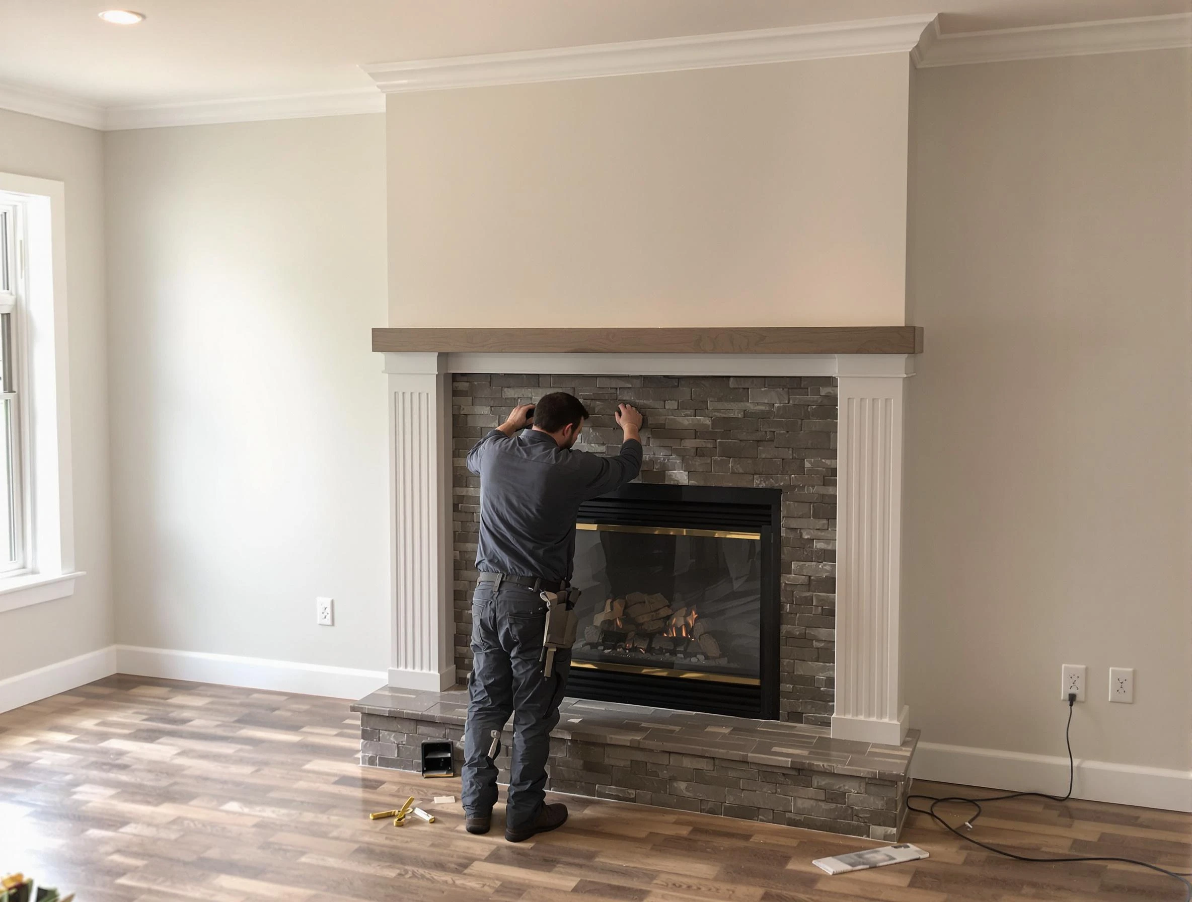 Brandermill Chimney Sweep finishing a custom fireplace install in Brandermill, VA